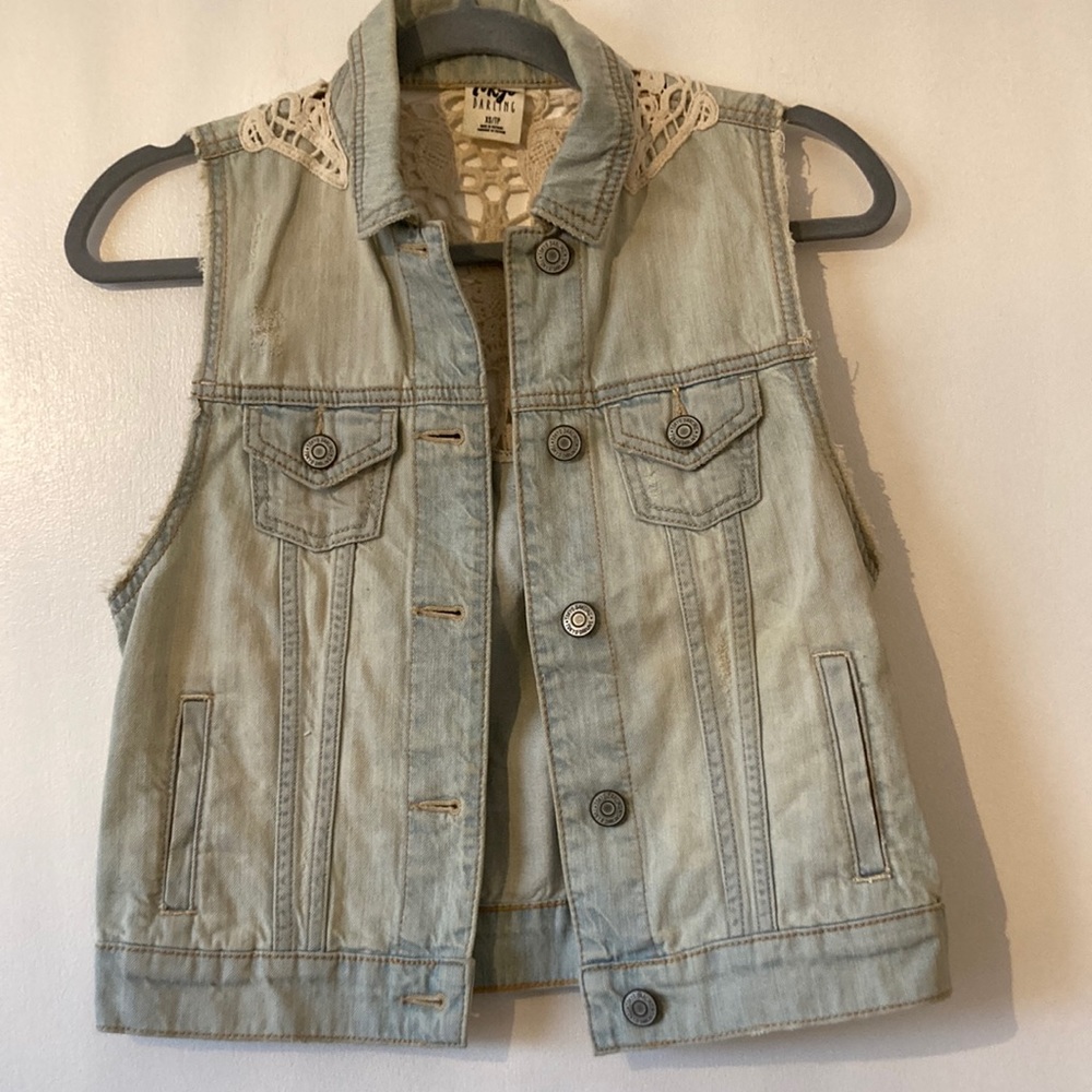 Tokyo Darling light distressed denim vest with cream crochet detailing